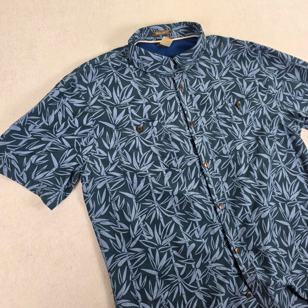 Quiksilver Mens Large Waterman Button Down Shirt Blue Bamboo Leaf Excellent Surf